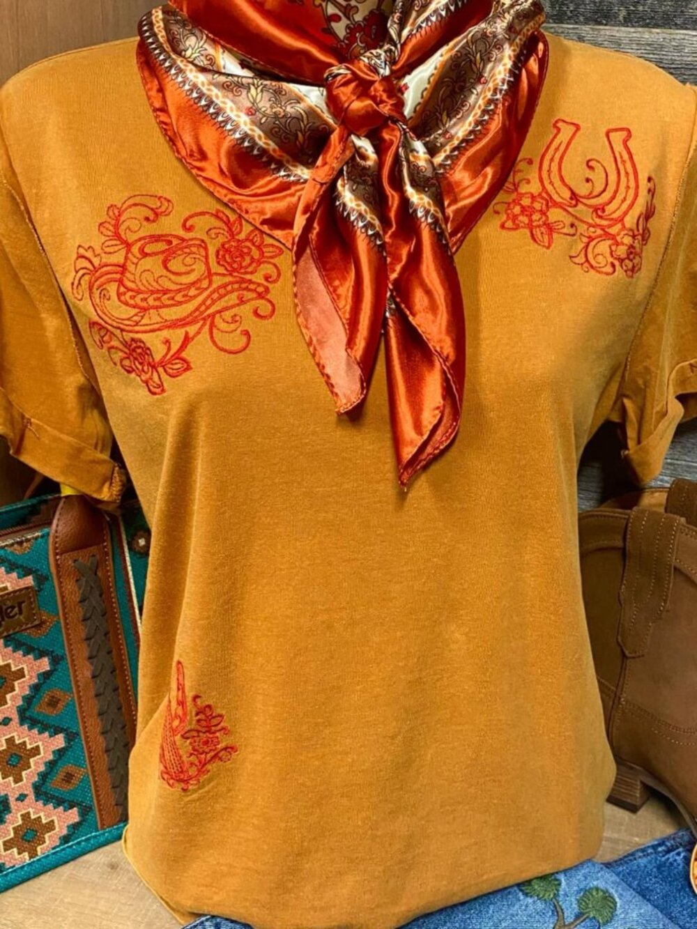 Western Motif Embroidered Graphic Tee by Blue B in Rust Mineral Wash Small Boho